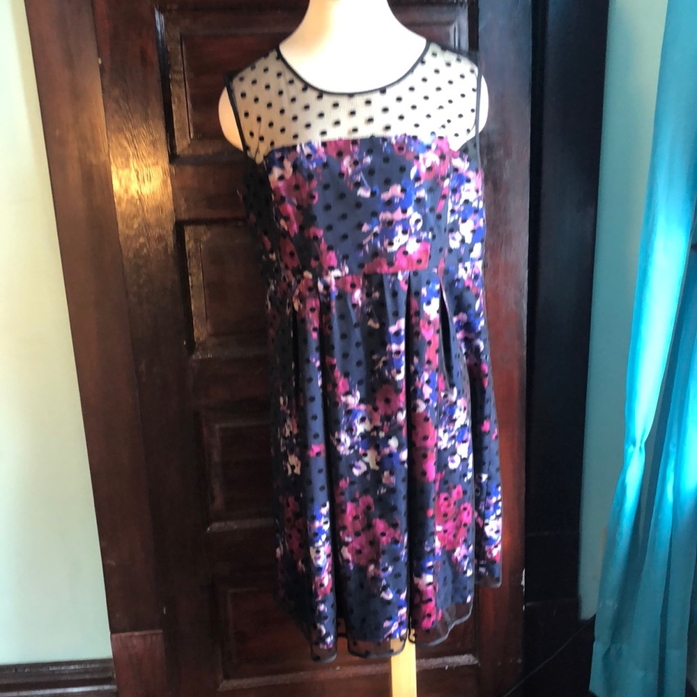 Motherhood maternity party dress XL/Dark blue&rose pattern/black dot overlay